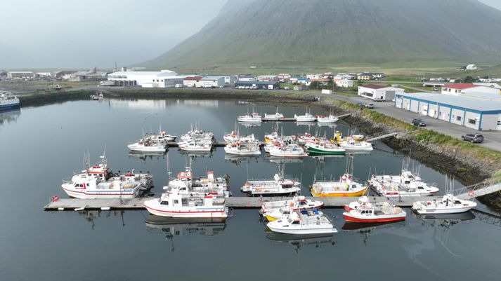 Strandveiðibátar liggja hreyfingarlausir í höfn við Bolungarvík.
