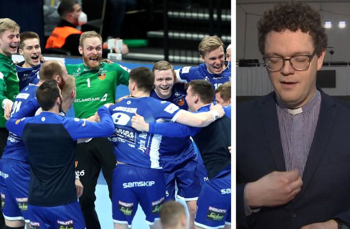 Handboltalandsliðið fagnar hér sigri á EM og séra Guðni Már Haraldsson á bæn.