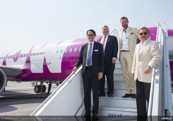 Gael Meheust, forseti og forstjóri CFM international, John Leahy, framkvæmdastjóri Airbus Commercial aircraft, Skúli Mogensen, forstjóri og eigandi WOW air, og Steven F. Udvar-Házy, stjórnarformaður Air Lease Corporation.