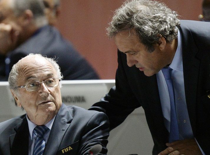 Sepp Blatter Michel Platini á ársþingi FIFA árið 2015.