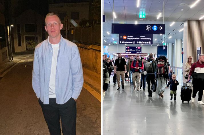 Anton Ingi er nú á Keflavíkurflugvelli ásamt hópi farþega sem átti flug til Tenerife klukkan 10:30. 
