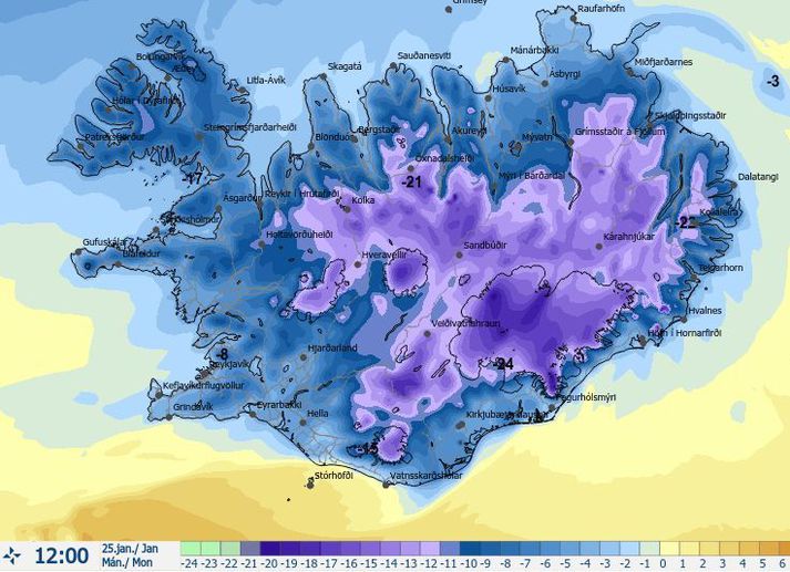 Það verður heldur kalt á landinu í dag eins og þetta hitaspákort Veðurstofunnar fyrir klukkan tólf á hádegi sýnir.