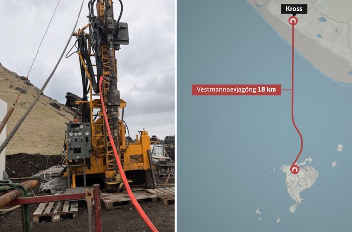 Borinn Karl Prins sem notaður er við kjarnaboranirnar. Hægra megin má sjá hvernig göng frá meginlandinu til Eyja myndu liggja, frá Krossi í Landeyjum.