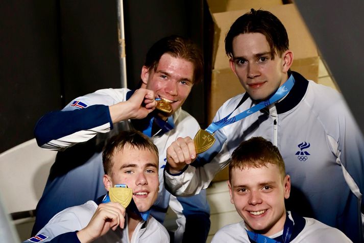Íslandsmethafarnir Guðmundur Leó Rafnsson, Snorri Dagur Einarsson, Birnir Freyr Hálfdánarson og Símon Elías Statkevicius.