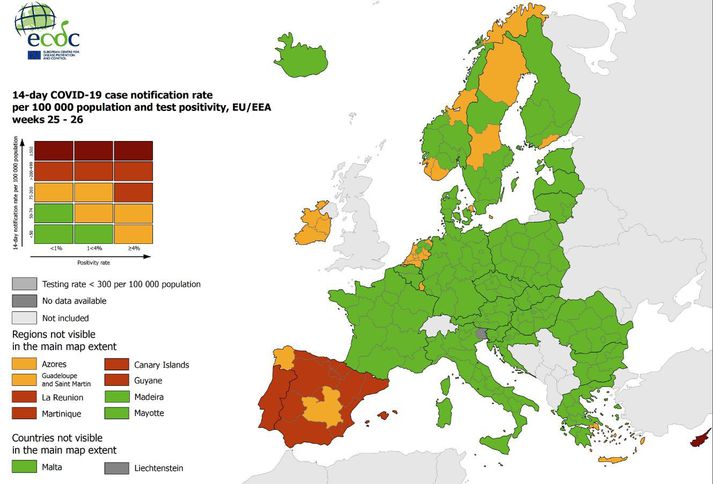 Spánn og Portúgal, auk Kýpur, eru einu rauðu löndin á korti sóttvarnastofnunar Evrópu. Kortið er með nýjustu upplýsingum, eða frá 8. júlí.