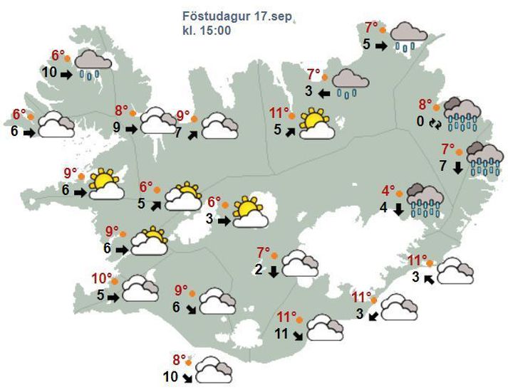 Hiti verður sjö til fjórtán stig yfir daginn, hlýjast austantil og svalast á Vestfjörðum.