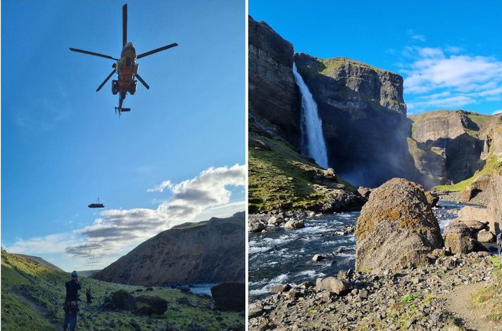 Erfitt var að koma hinum slasaða úr gili við fossinn.