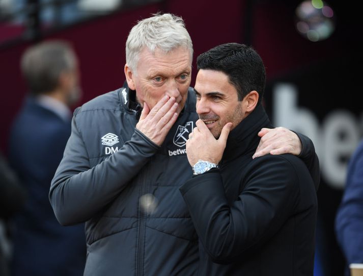 David Moyes og Mikel Arteta mætast á morgun og spurning hvort þá fari eins vel á með þeim eins og þegar þessi mynd var tekin.