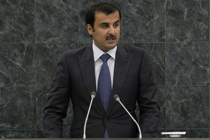 Emírinn af Katar, Sheikh Tamim bin Hamad Al Thani, í ræðustól á allsherjarþingi Sameinuðu þjóðanna í vikunni.