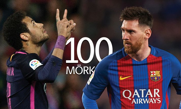Snillingarnir Neymar og Messi voru ekki lengi að skora 100 mörk fyrir Barcelona.