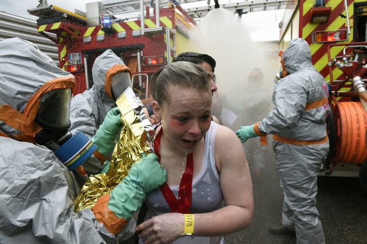 Frá æfingu fyrr í þessum mánuði þar sem líkt var eftir hryðjuverkaárás á knattspyrnuleikvanginn í St. Etienne, þar sem Ísland mun spila á EM í sumar.