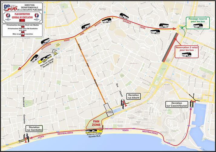 Eins og sjá má er stuðningsmannasvæðið í Nice við ströndina. Frekari skýringarmyndir af Nice, leikvanginum og akstursleiðum má sjá á Facebook-síðu Ríkislögreglustjóra, hér að neðan.