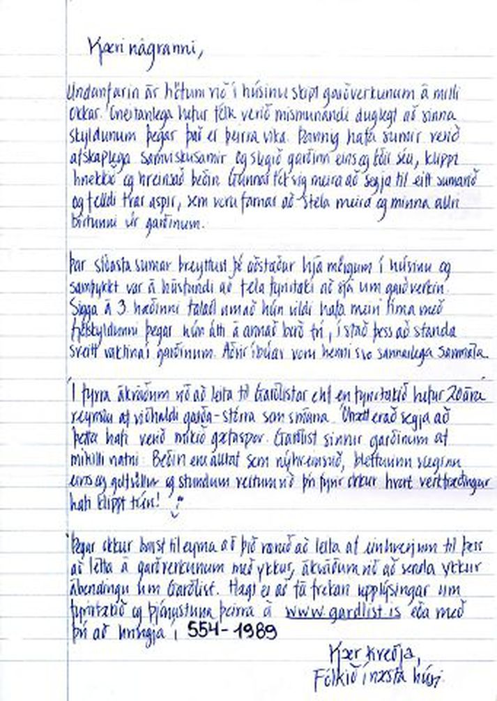 frá fólkinu í næsta húsi Garðlist sendi íbúum á höfuðborgarsvæðinu bréf í vikunni.