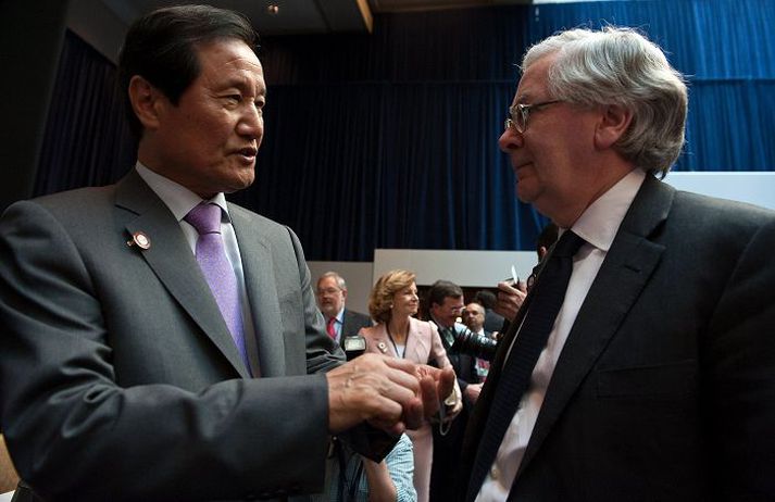 Mervyn King, seðlabankastjóri Bretlands, ræðir hér við Yoon Jeung-hyun, fjármálaráðherra Suður-Kóreu. Fréttablaðið/AFP