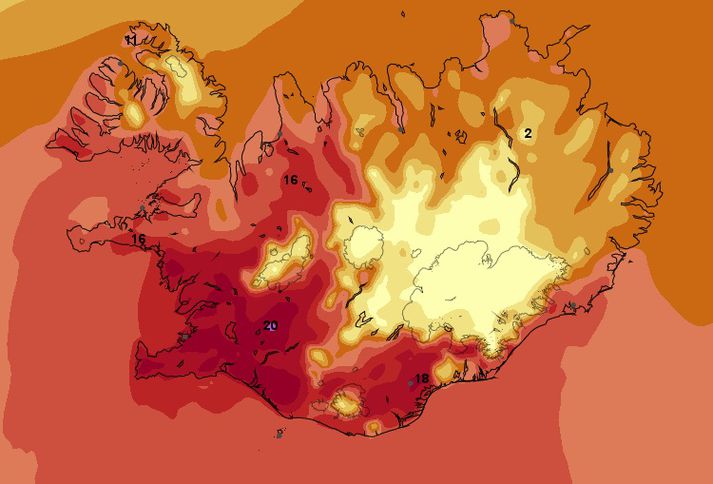 Hitaspá fyrir landið klukkan 18 í dag