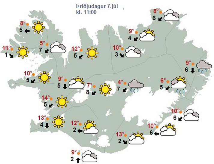 Hitinn verður allt frá sjö til 18 stig en hlýjast um landið SV-vert.