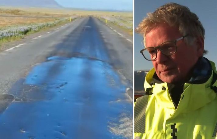 Vegfarandi segir aðstæður mjög hættulegar á veginum í Ölfusi. G. Pétur upplýsingafulltrúi ræddi bikblæðingar í samtali við Vísi.