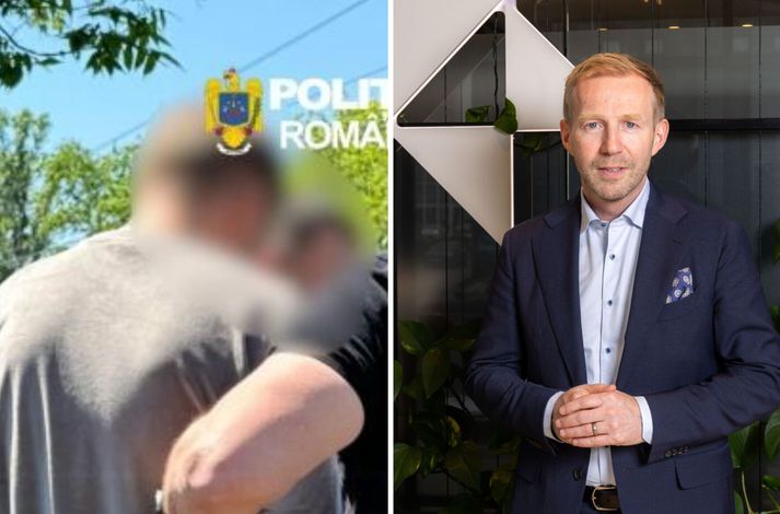 Mynd frá handtöku mannsins þann 6. maí. Til hægra megin við hann má sjá Benedikt Gíslason, bankastjóra Arion banka.