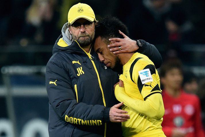 Jürgen Klopp þjálfari Borussia Dortmund með leikmanninum Pierre-Emerick Aubameyang.