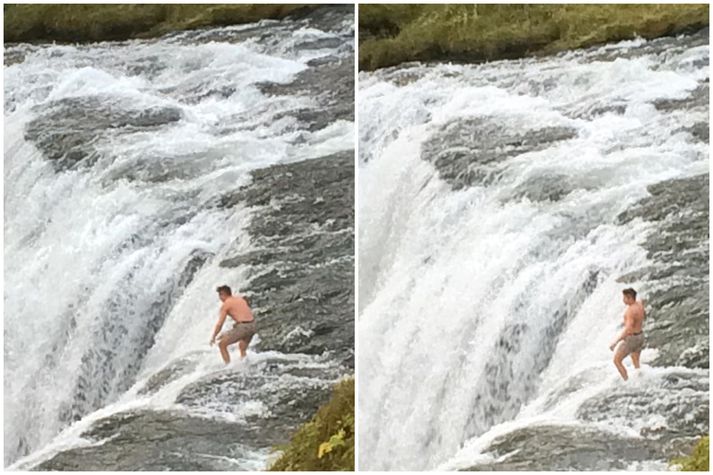 Myndirnar sem Nora tók af ferðamanninum við Skógafoss á mánudag.