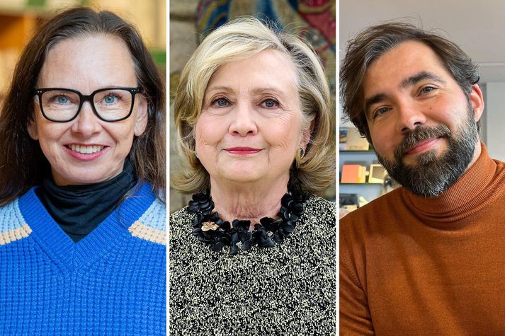 Yrsa Sigurðardóttir, rithöfundur og einn skipuleggjenda Iceland Noir, Hillary Clinton stjórnmálakona og Pedro Gunnlaugur Garcia, rithöfundur. Pedro hætti við að koma fram á Iceland Noir í gær vegna þátttöku Clinton á viðburði tengdum hátíðinni.