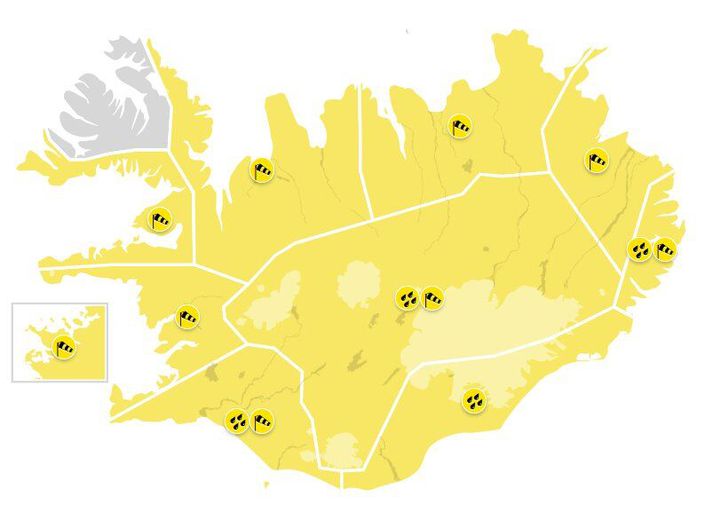 Hluti Vestfjarðar sleppur en annars er gul veðurviðvörun um land allt sem byrjar um sexleytið á fimmtudag á sauðaustanverðu landinu.