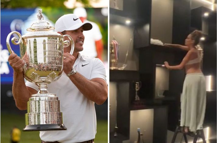 Brooks Koepka er með pláss í bikaraskápnum og Jena Sims eiginkona hans sló á létta strengi á TikTok eftir sigurinn í gær.