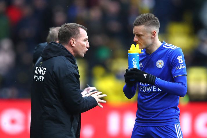 Brendan Rodgers hefur náð að  vekja sóknarleik Leicester og með því  enska lands                                      liðsframherjann Jamie Vardy aftur til lífsins. Vardy skoraði tvívegis um helgina og virðist njóta þess að spila undir stjórn Rodgers hjá Leicester. 
