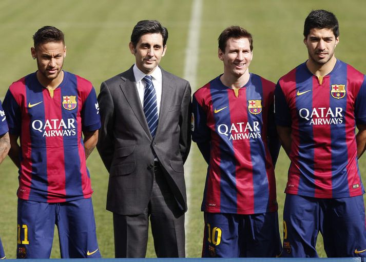 Lionel Messi, Luis Suarez og Neymar með Jose Maria Alvarez Pallete, forstjóra Telefonica.