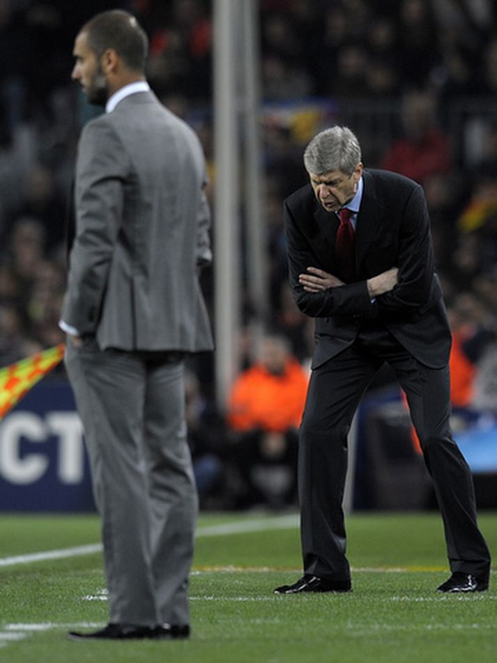 Arsene Wenger, stjóri Arsenal, gat ekki leynt vonbrigðum sínum með varnarleikinn á móti Barcelona.