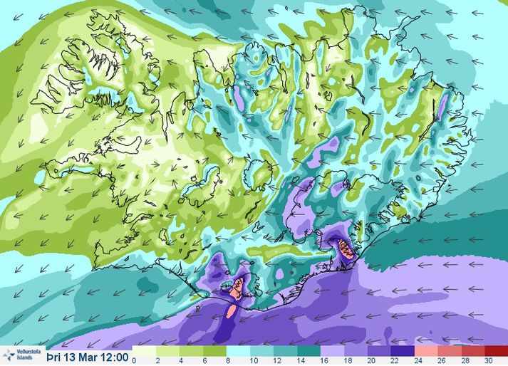 Vindaspá Veðurstofu Íslands eins og hún lítur út fyrir hádegið í dag.