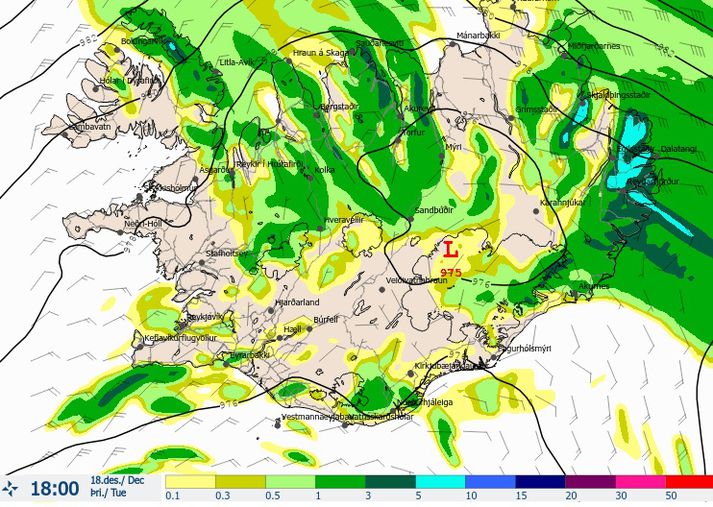 Eins og sést á þessari úrkomuspá Veðurstofunnar á að rigna hressilega á Austurlandi í dag.