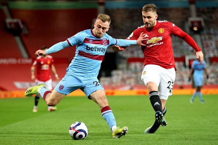 Jarrod Bowen í leik á móti Manchester United. United menn þurftu að hafa fyrir honum í tveimur leikjum í síðustu vikum.