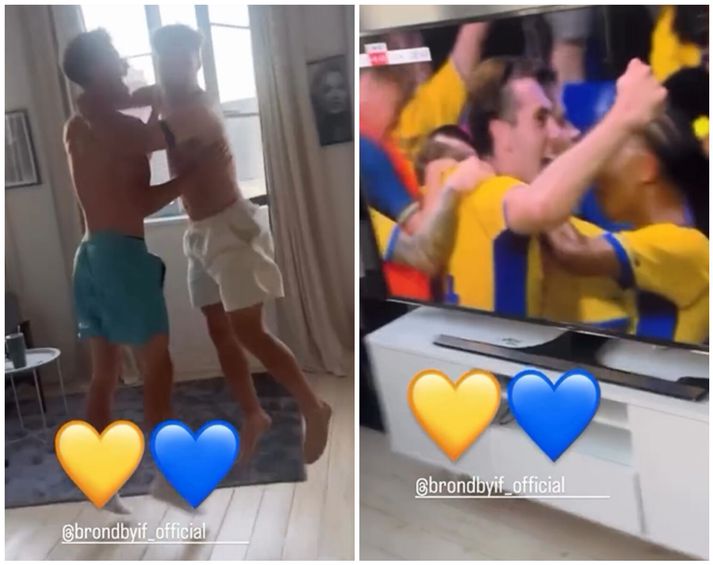 Oscar Schwartau og Mathias Kvistgaarden fögnuðu saman fjórða marki Bröndby með því að faðmast berir að ofan, syngja og tralla.