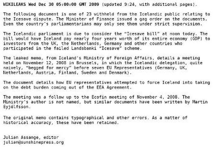 Upplýsingasíðan WikiLeaks birtir í dag minnisblað sem fullyrt er að sé eitt af leyniskjölunum svokölluðu. Minnisblaðið er sagt vera frá fundi í byrjun nóvember í fyrra.