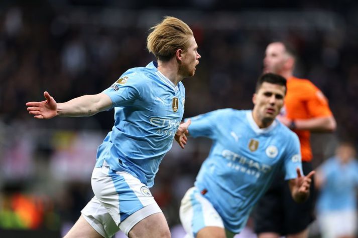 Kevin De Bruyne fagnar jöfnunarmarki sínu í dag