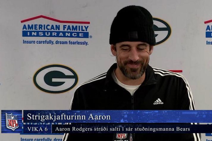 Aaron Rodgers á blaðamannafundinum eftir leikinn.