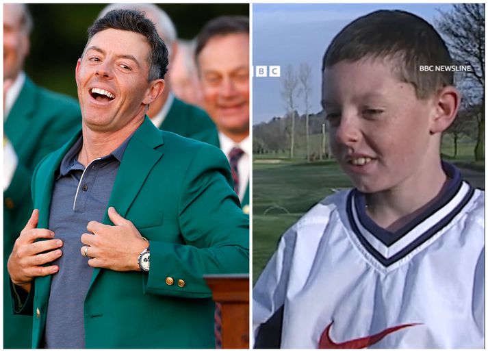 Rory McIlroy sést hér kominn í græna jakkann en til hliðar má sjá hann í þessu skemmtilega viðtali fyrir svo mörgum árum síðan.