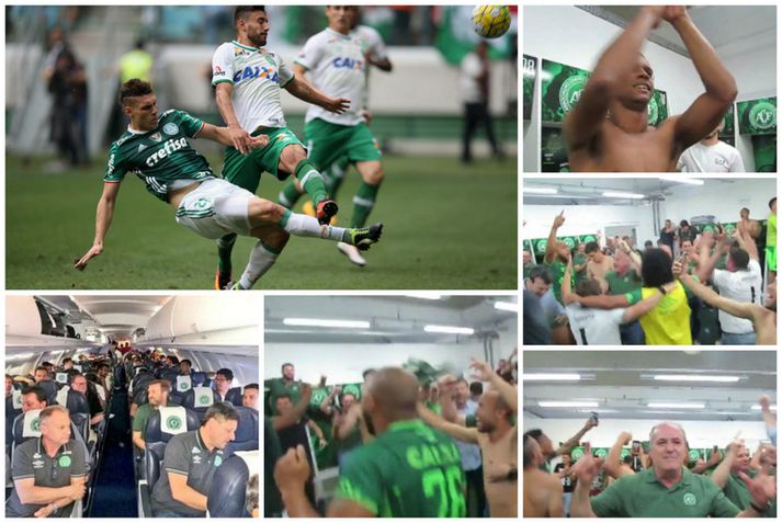 Alan Ruschel í leik með Chapecoense. Hann er sagður hafa lifað flugslysið af. Myndir af liðinu í flugvélinni og að fagna á dögunum.