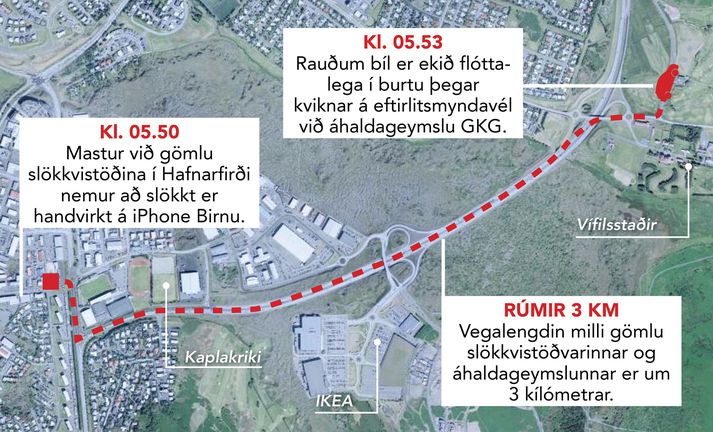 Rúmlega þrír kílómetrar eru frá svæðinu í kringum mastrið í Hafnarfirði og að áhaldageymslunni við Golfklúbb Kópavogs og Garðabæjar.