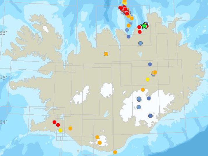 Staðsetnings skjálftans er merkt með grænni stjörnu. Stöðug skjálftahrina hefur  verið í kringum Grímsey síðustu daga.