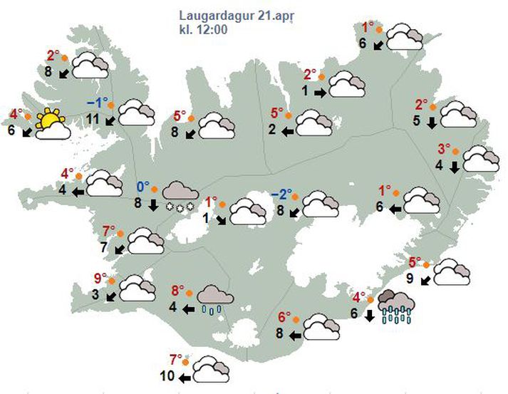 Mesta úrkoman í hádeginu á morgun verður á Suðausturlandi gangi spár eftir.