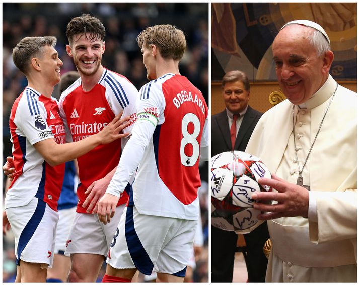 Frans páfi lést á mánudaginn en til hliðar má sjá Arsenal leikmennina Leandro Trossard, Declan Rice og Martin Odegaard fagna marki.