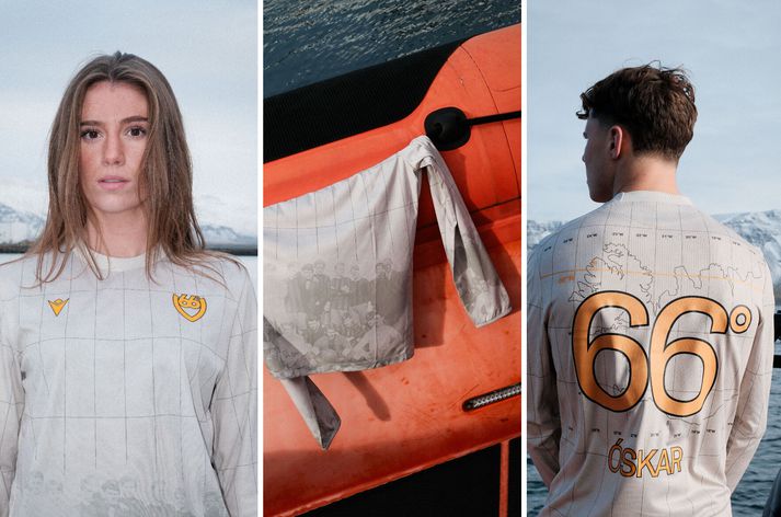 Bergdís Sveinsdóttir og Óskar Borgþórsson í nýju góðgerðartreyjunni sem er skreytt Íslandsmeistaraliði Víkings frá 1921 og fyrstu keppnisferð liðsins til Ísafjarðar.