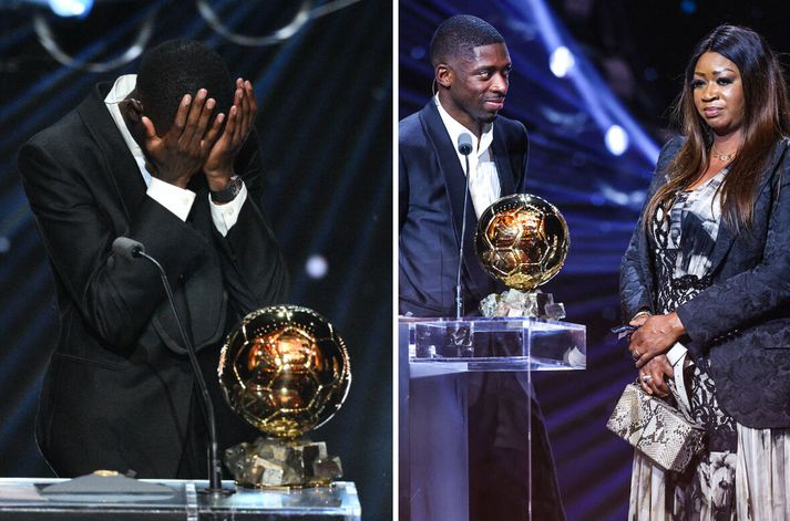 Ousmane Dembélé gat ekki annað en fellt tár og þakkaði mömmu sinni eftir að hafa fengið Gullboltann.