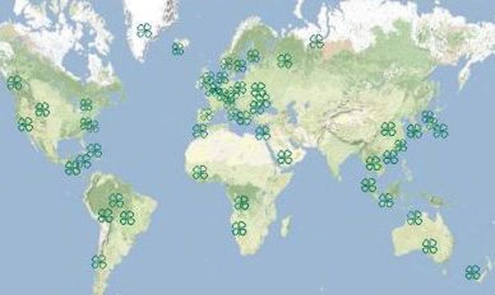 Mynd sem sýnir viðskiptanet Sparisjóðabankans. Ekki eru þó allir bankar merktir inn á kortið því bankinn hefur viðskiptasambönd í 78 löndum.