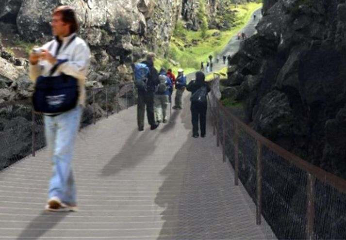 „Göngubrúin er upphaf gönguleiðarinnar um þinghelgina,“ segja höfundar tillögunnar sem hlaut fyrstu verðlaun dómnefndar Þingvallanefndar.