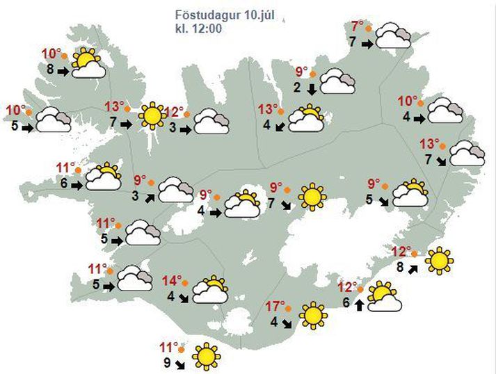 Veðrið á hádegi í dag verður einhvern veginn svona.