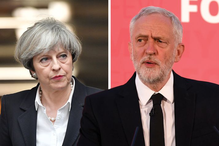 Theresa May, forsætisráðherra og formaður Íhaldsflokksins, og Jeremy Corbyn, formaður Verkamannaflokksins.