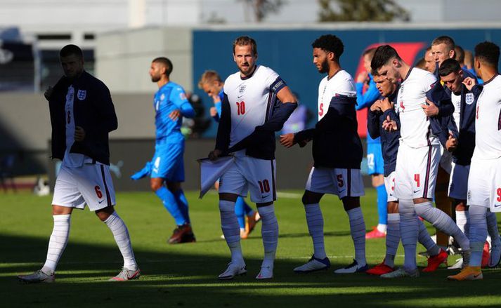 Harry Kane var skiljanlega ekki sáttur með að fá ekki markið sitt dæmt gilt. Hér er hann rétt fyrir leik.